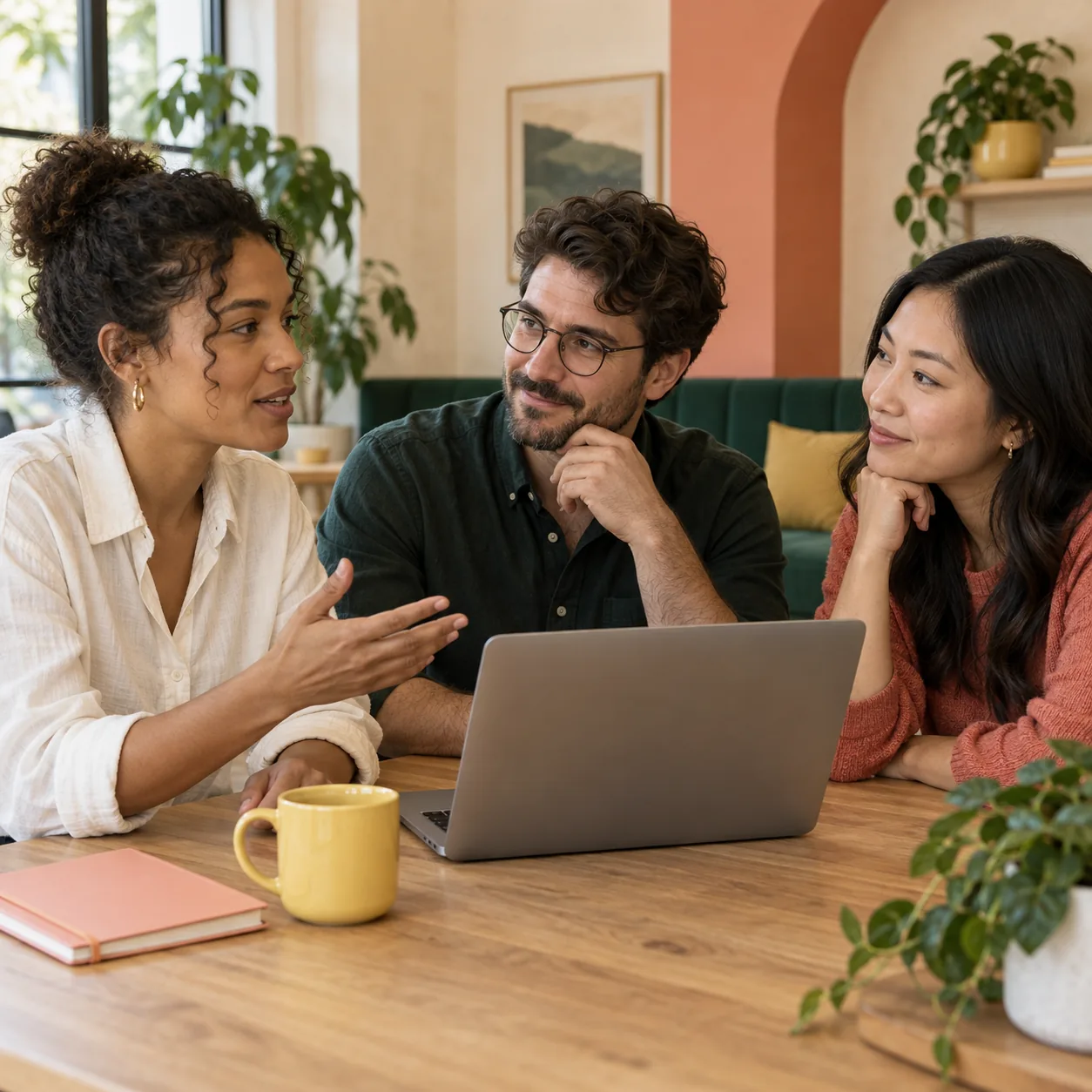 Illustrative scene of three colleagues sharing ideas around a laptop in a warm studio.
