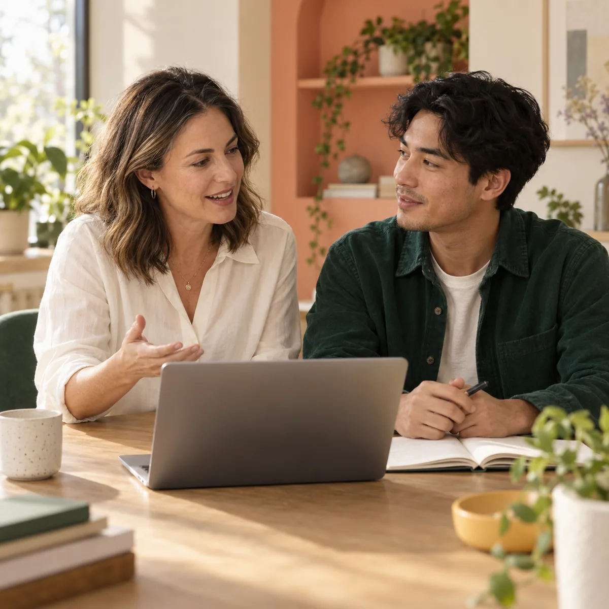 Illustrative scene of two colleagues working through a plan together in a sunlit office.