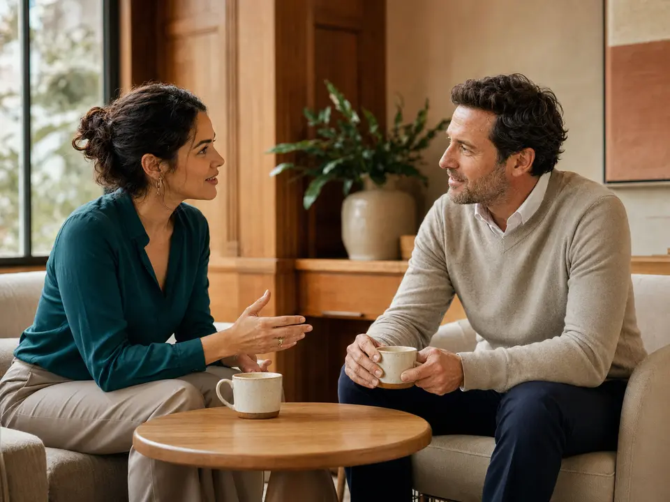 Two people sharing a thoughtful conversation over coffee